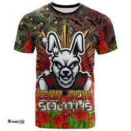 rabbitohs rugby t shirt anzac souths with remembrance poppy and indigenous patterns t shirt
