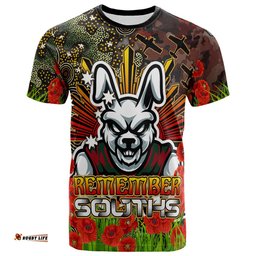 rabbitohs rugby t shirt anzac souths with remembrance poppy and indigenous patterns t shirt