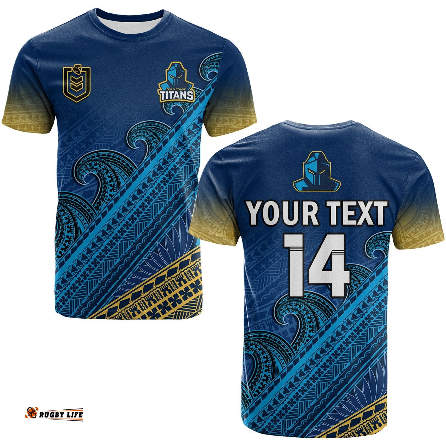 custom text and number gold coast titans rugby t shirt pasifika gradient polynesian pattern