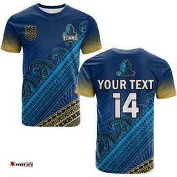 custom text and number gold coast titans rugby t shirt pasifika gradient polynesian pattern