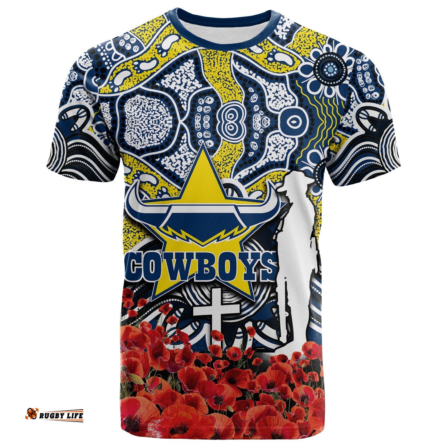cowboys t shirt anzac day poppy flowers with aboriginal