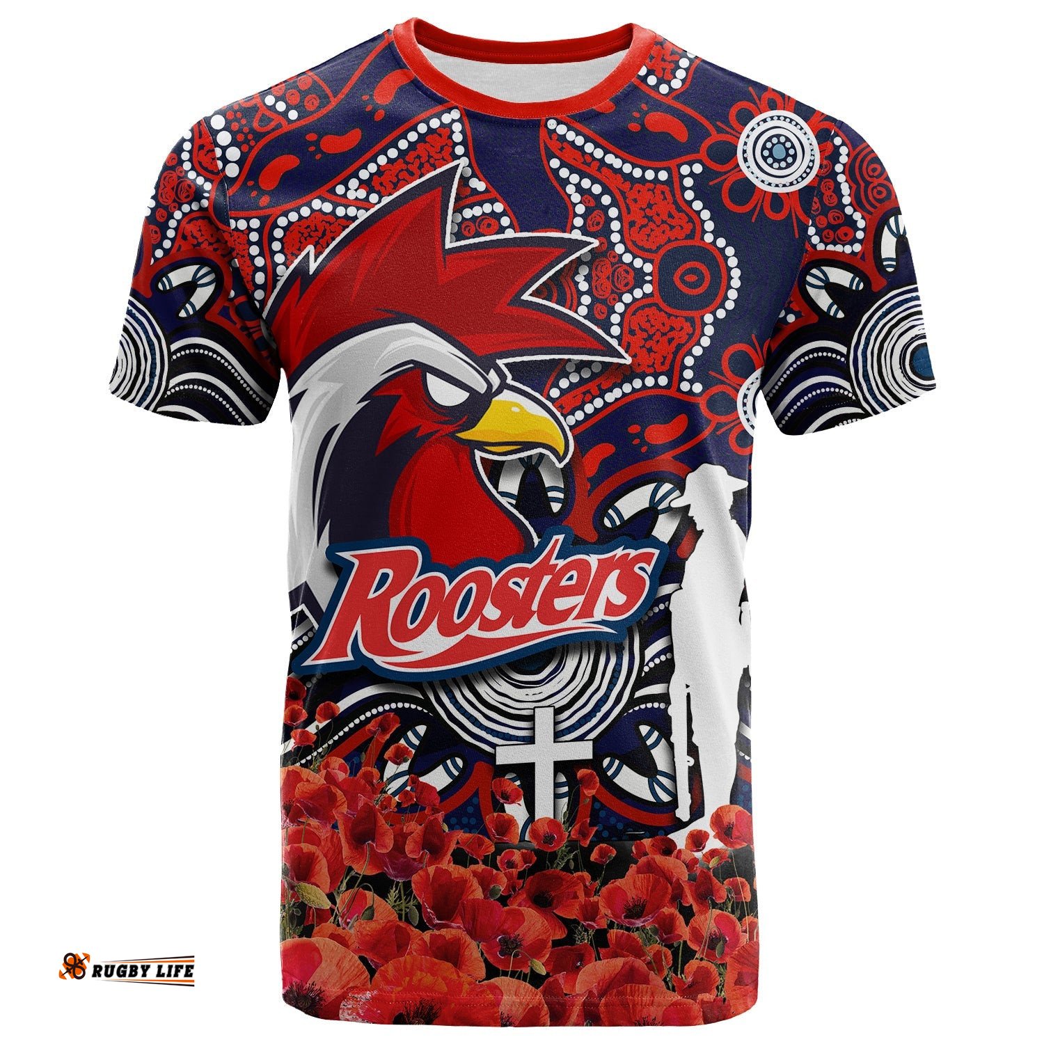 roosters t shirt anzac day poppy flowers with aboriginal