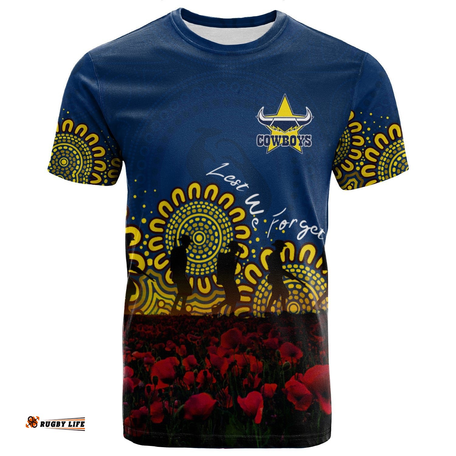 north queensland cowboys t shirt personalized aboriginal rugby anzac day poppy with soldiers nrl 0Amazing Aussie