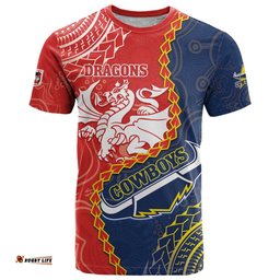 custom dragons and cowboys rugby t shirt aboriginal mix polynesian pattern