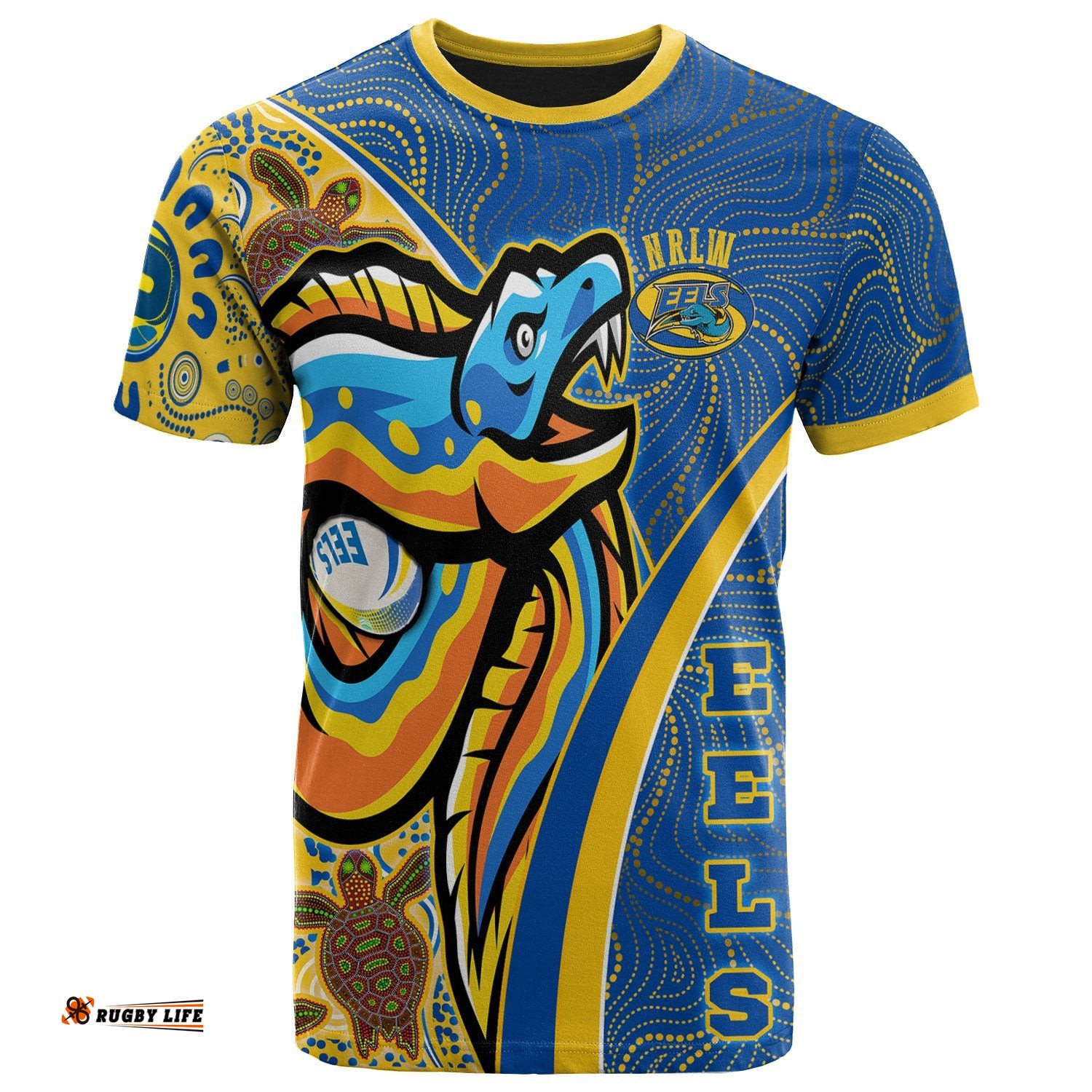 nrlw eels rugby t shirt custom indigenous parramatta eels with turtles and rugby ball aboriginal style woman t shirtAmazing Aussie