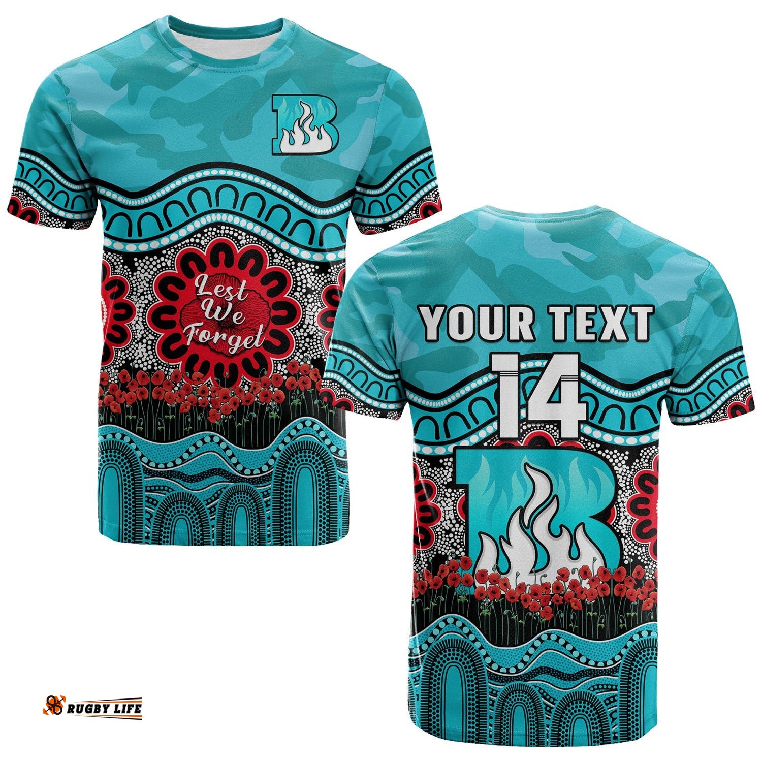 custom text and number brisbane heat cricket anzac t shirt poppy aboriginal camouflage