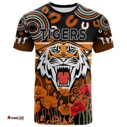 custom text and number wests tigers anzac 2022 t shirt aboriginal lest we forget