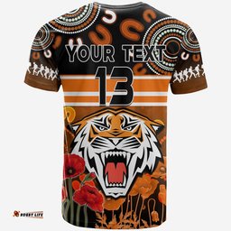 custom text and number wests tigers anzac 2022 t shirt aboriginal lest we forget