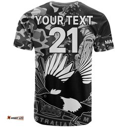 custom text and number afl anzac 2023 magpies t shirt camouflage