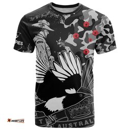custom text and number afl anzac 2023 magpies t shirt camouflage