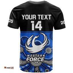 custom text and number western force super rugby 2023 t shirt est 2005 indigenous art