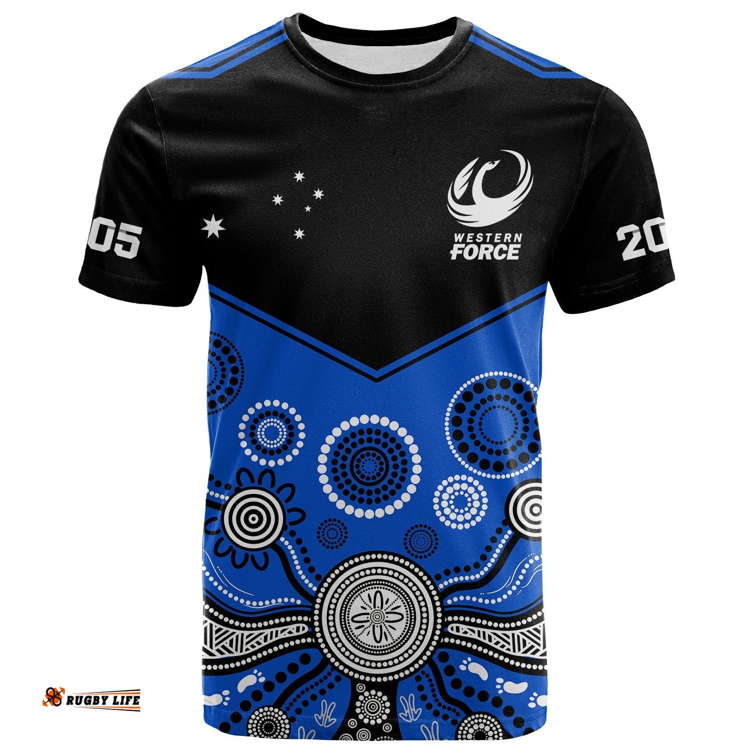 custom text and number western force super rugby 2023 t shirt est 2005 indigenous art