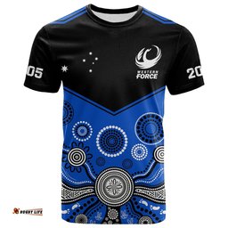custom text and number western force super rugby 2023 t shirt est 2005 indigenous art