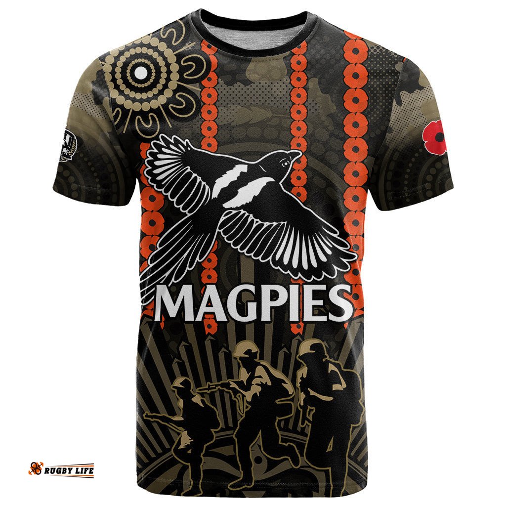custom text and number anzac collingwood football t shirt proud to be magpies poppy flowers and aboriginal version