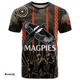 custom text and number anzac collingwood football t shirt proud to be magpies poppy flowers and aboriginal version