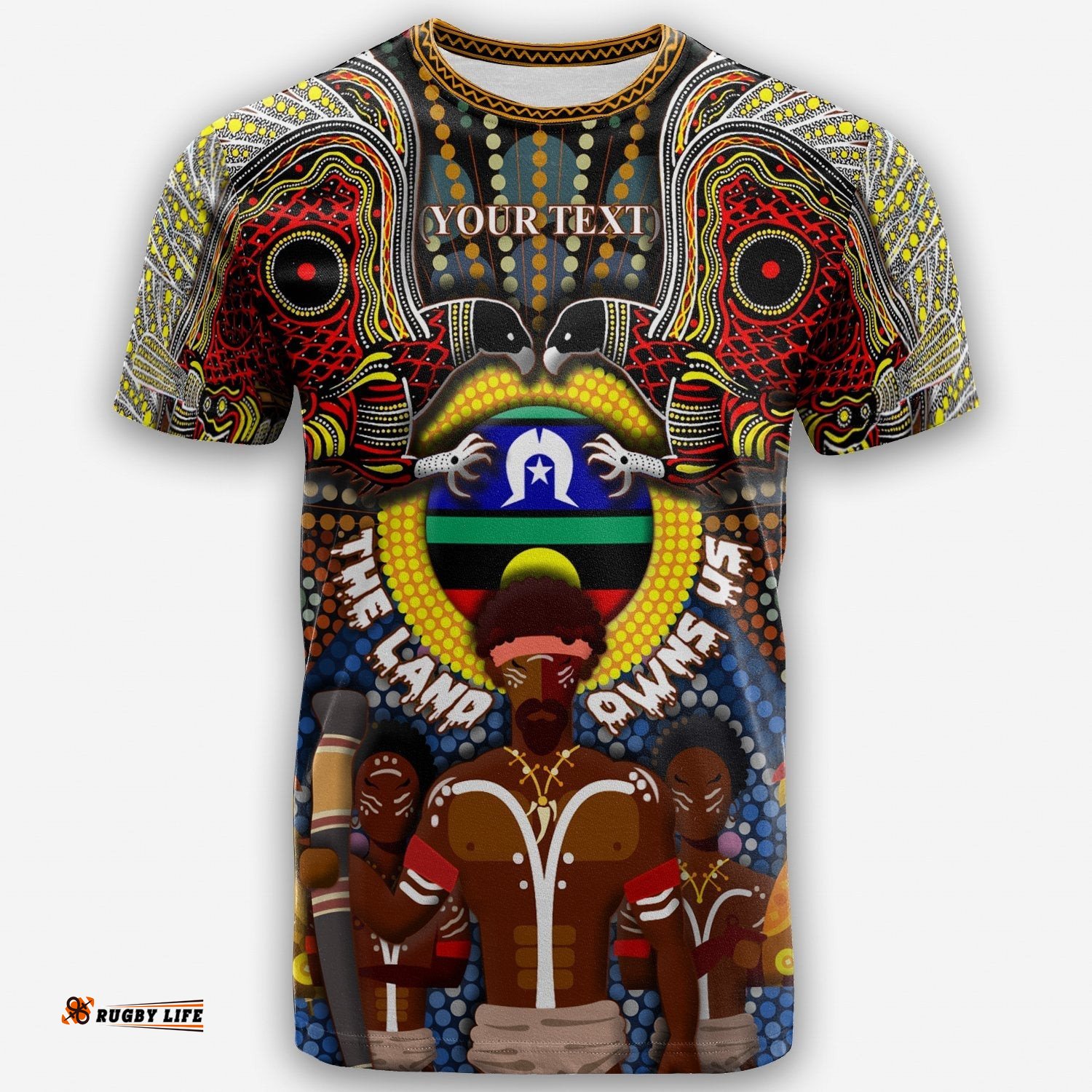 custom text the land owns us aboriginal t shirt