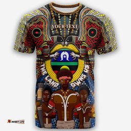 custom text the land owns us aboriginal t shirt