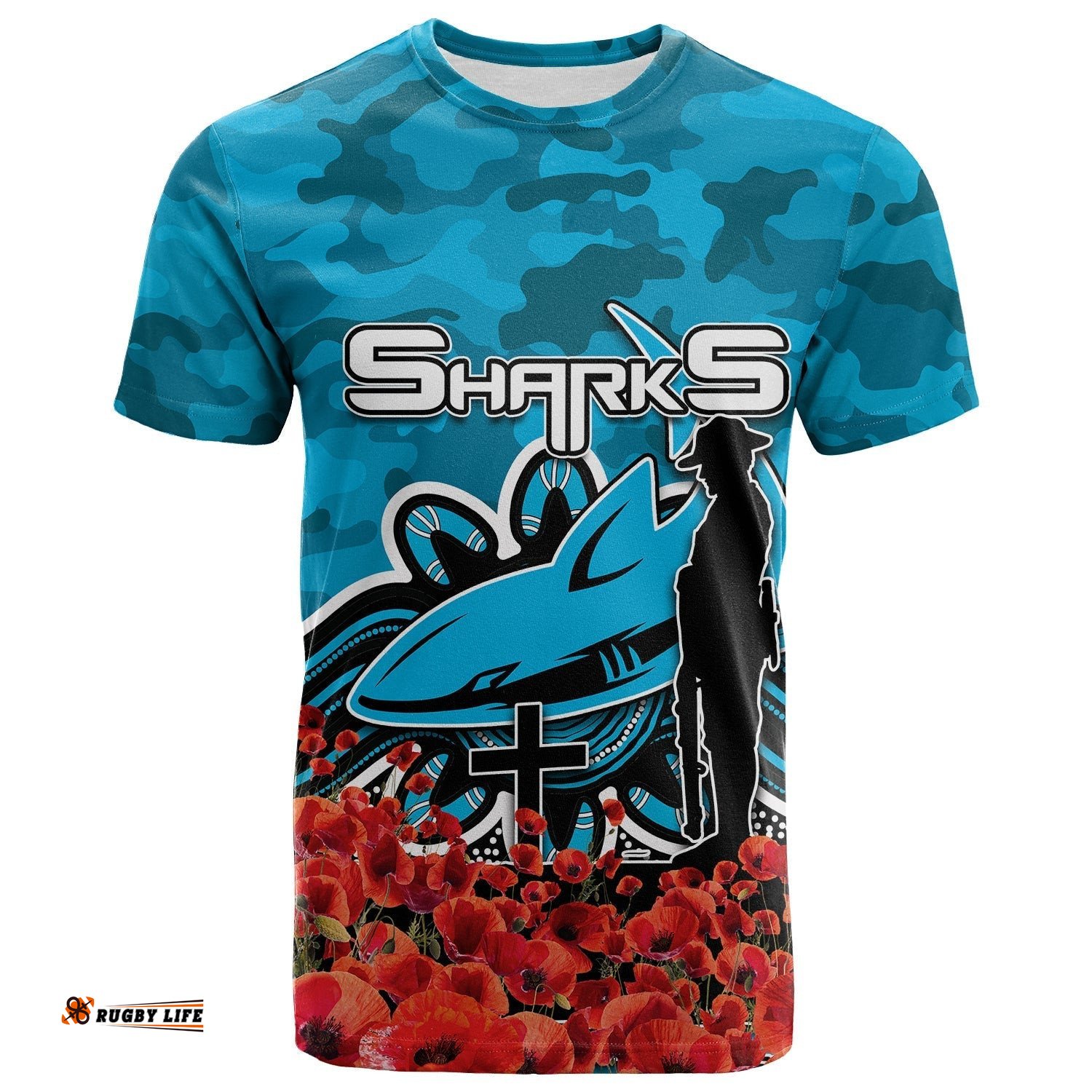 cronulla sutherland sharks t shirt anzac day poppy flowers with army patterns