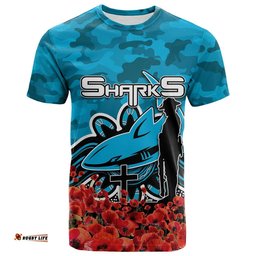 cronulla sutherland sharks t shirt anzac day poppy flowers with army patterns