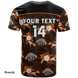 custom text and number wests tigers rugby t shirt polynesian tribal mix tropical hawaiian style