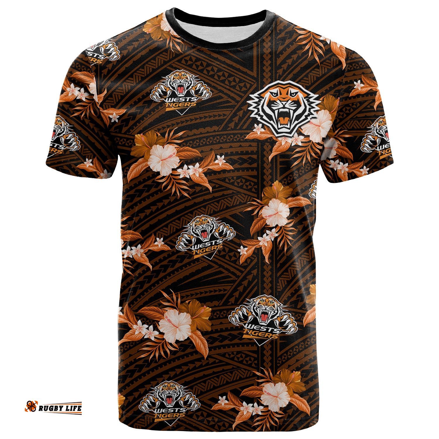 custom text and number wests tigers rugby t shirt polynesian tribal mix tropical hawaiian style