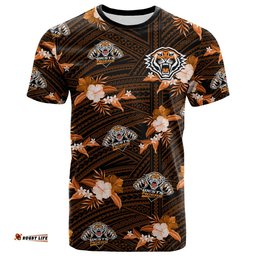 custom text and number wests tigers rugby t shirt polynesian tribal mix tropical hawaiian style