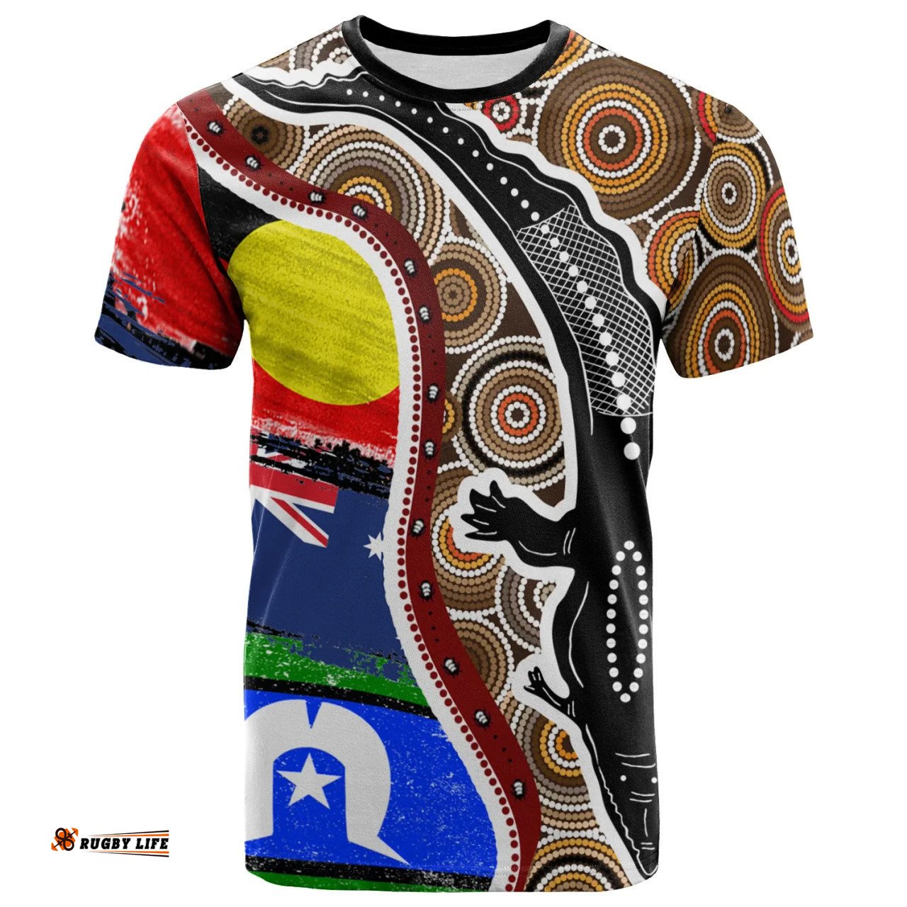 Amazing Aussie Australia T-shirt - Australian Aboriginal Inspired Crocodile With NAIDOC Flags