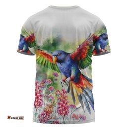 Amazing Aussie Australia Rainbow Lorikeets T-shirt - Rainbow Lorikeets Flying With Grevillea Flowers Art T-shirt