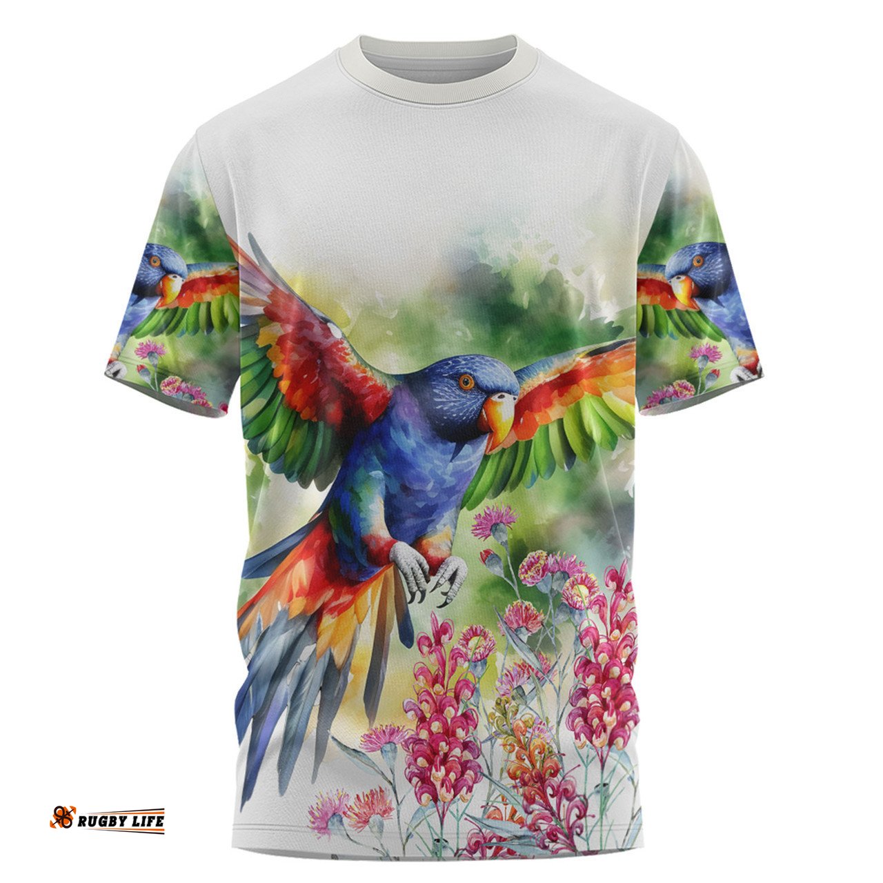 Amazing Aussie Australia Rainbow Lorikeets T-shirt - Rainbow Lorikeets Flying With Grevillea Flowers Art T-shirt