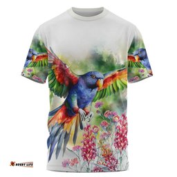 Amazing Aussie Australia Rainbow Lorikeets T-shirt - Rainbow Lorikeets Flying With Grevillea Flowers Art T-shirt
