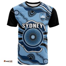 custom text and number sydney football t shirt aboriginal go sky blues art