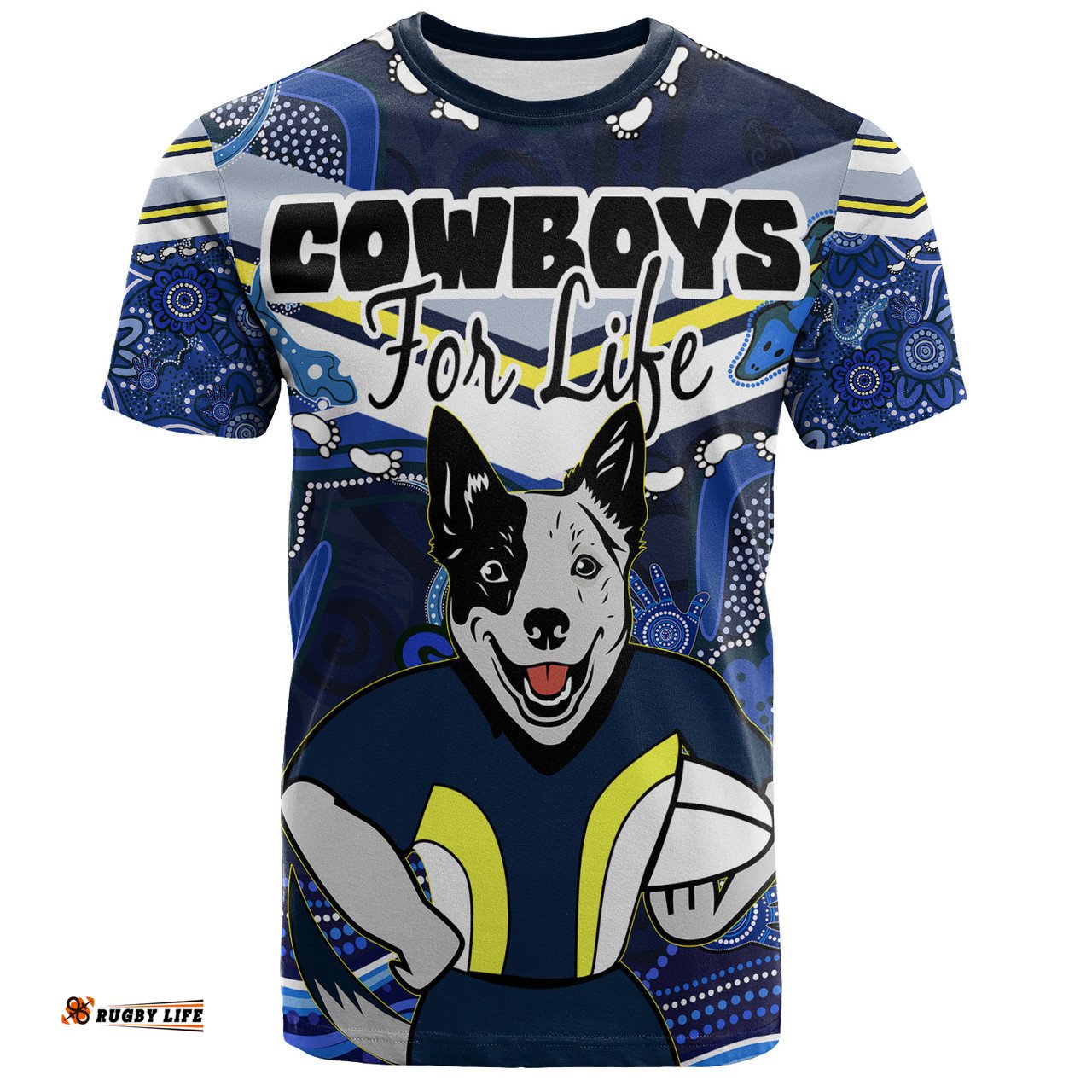 Amazing Aussie North Queensland Cowboys Custom T-Shirt - North Queensland Cowboys For Life With Aboriginal Style T-Shirt