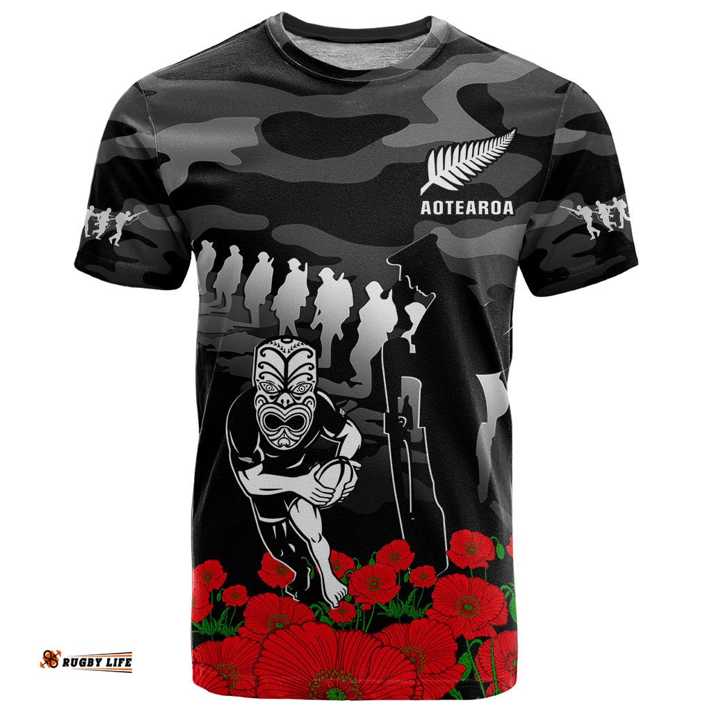 custom text and number new zealand anzac rugby t shirt silver fern all black camouflage mix poppy