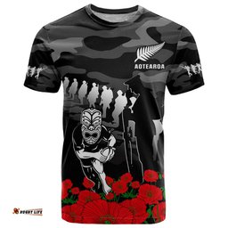 custom text and number new zealand anzac rugby t shirt silver fern all black camouflage mix poppy