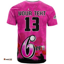 custom text and number sydney sixers cricket t shirt anzac day camouflage poppy lest we forget