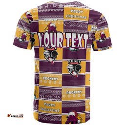 Amazing Aussie Brisbane Broncos Christmas T-Shirt - Custom Brisbane Broncos Merry Christmas Random Square Pattern T-Shirt