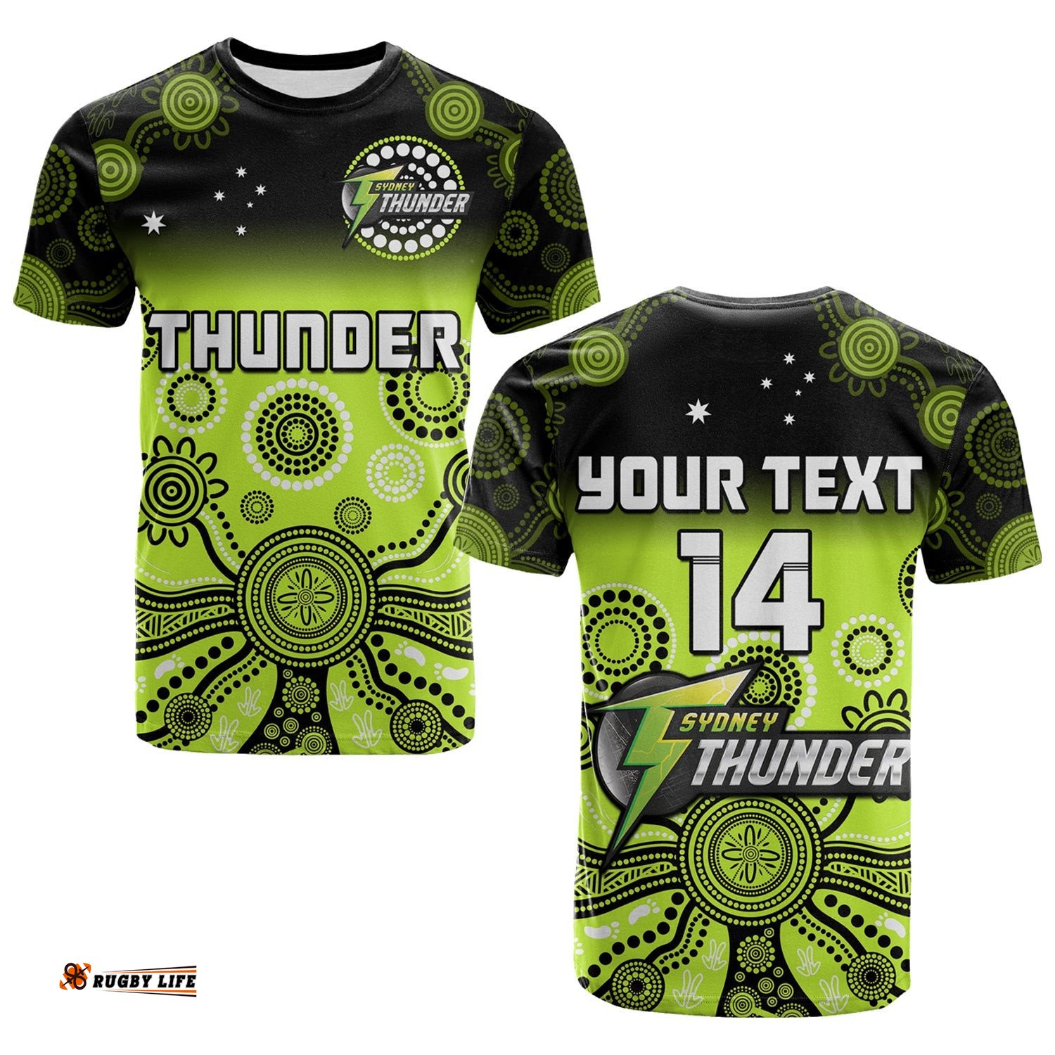 custom text and number thunder t shirt sydney gradient aboriginal art