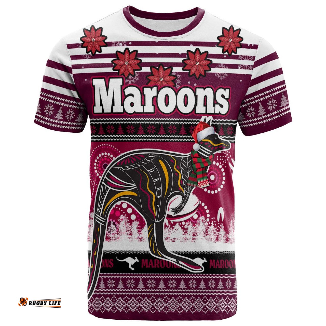 Amazing Aussie Maroons Rugby Christmas T-shirt - Custom Maroons Ugly Christmas and Aboriginal Inspired T-shirt