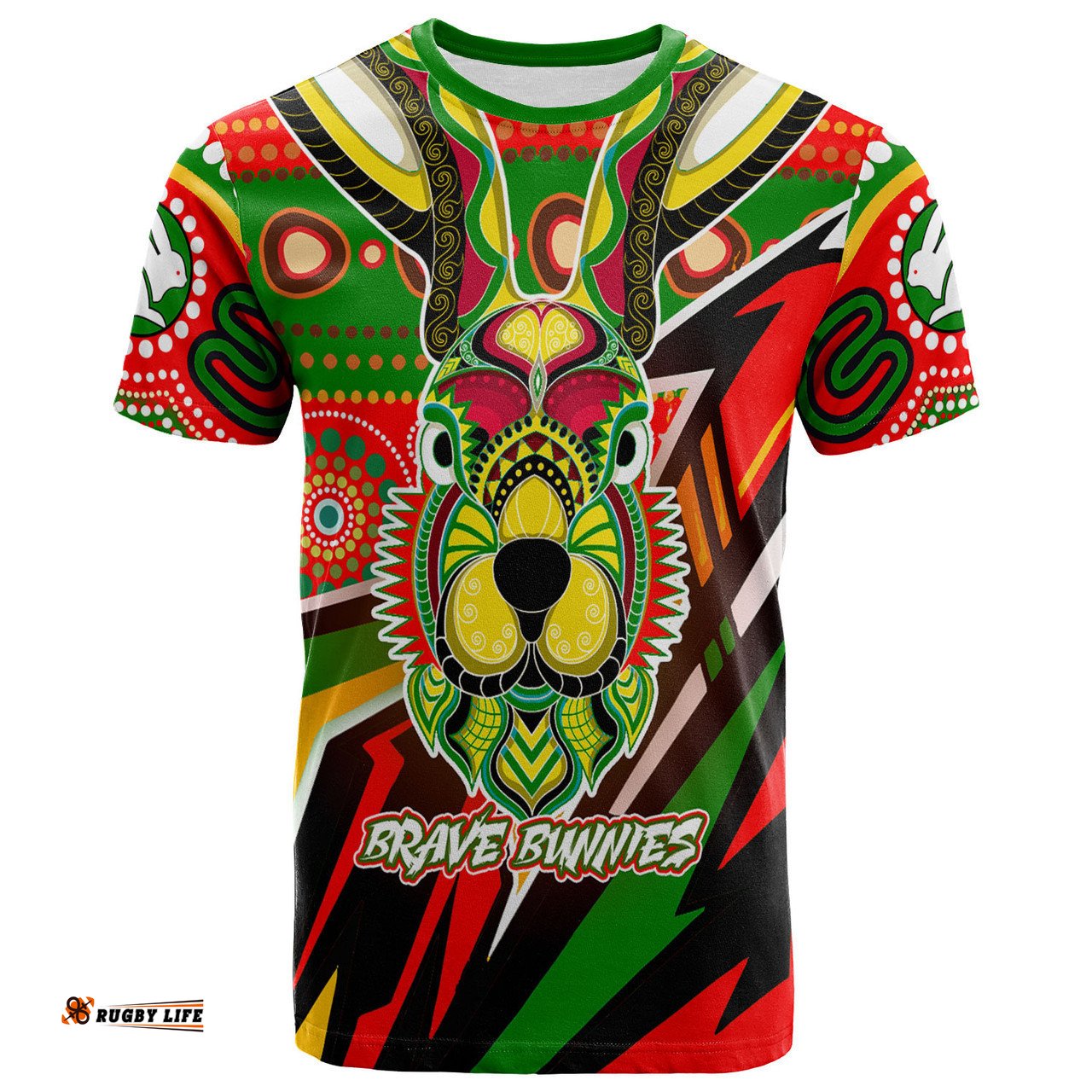 Amazing Aussie South Sydney Rabbitohs T-shirt - Brave Bunnies Go the Mighty Heroes Indigenous T-shirt