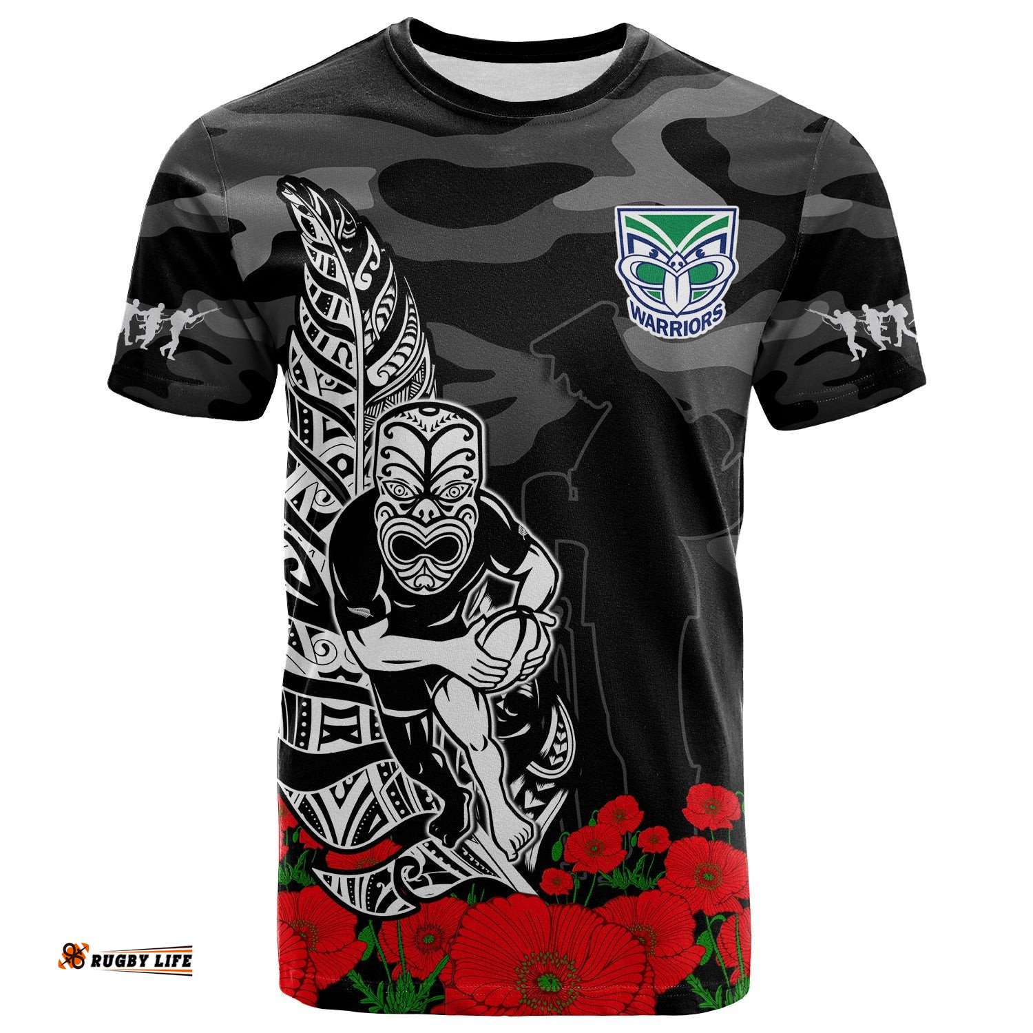 custom text and number warriors anzac 2023 t shirt nz fern camouflage poppy mix aboriginal