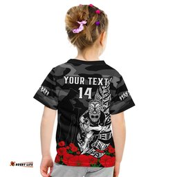 custom text and number warriors anzac 2023 t shirt nz fern camouflage poppy mix aboriginal