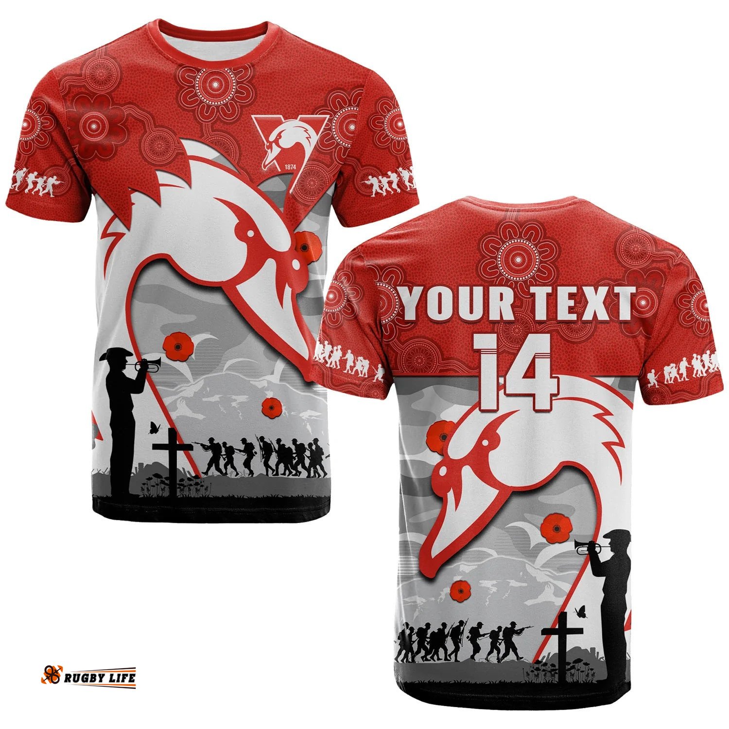 custom text and number swans football anzac t shirt sydney indigenous camouflage art
