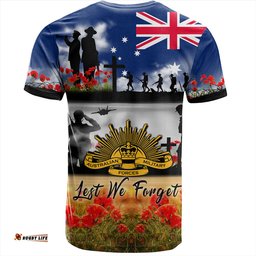 Amazing Aussie Australia T-Shirt Lest We Forget Poppies And Soldiers Army Style