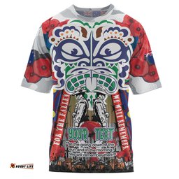 Amazing Aussie New Zealand Warriors Anzac Watercolor Custom T-Shirt - Remembrance Anzac Day With Maori Tiki Mask And Poppy Flower