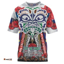 Amazing Aussie New Zealand Warriors Anzac Watercolor Custom T-Shirt - Remembrance Anzac Day With Maori Tiki Mask And Poppy Flower