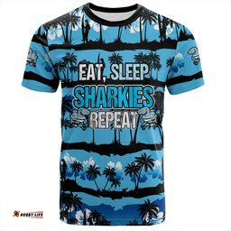 Amazing Aussie Cronulla-Sutherland Sharks T-Shirt - Eat Sleep Repeat With Tropical Patterns