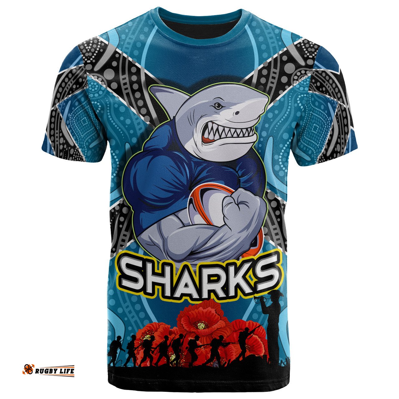 Amazing Aussie Cronulla-Sutherland Sharks T- Shirt - Aboriginal Inspired Anzac Day Shark And Soldier With Poppy Flower Patterns T- Shirt