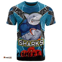 Amazing Aussie Cronulla-Sutherland Sharks T- Shirt - Aboriginal Inspired Anzac Day Shark And Soldier With Poppy Flower Patterns T- Shirt