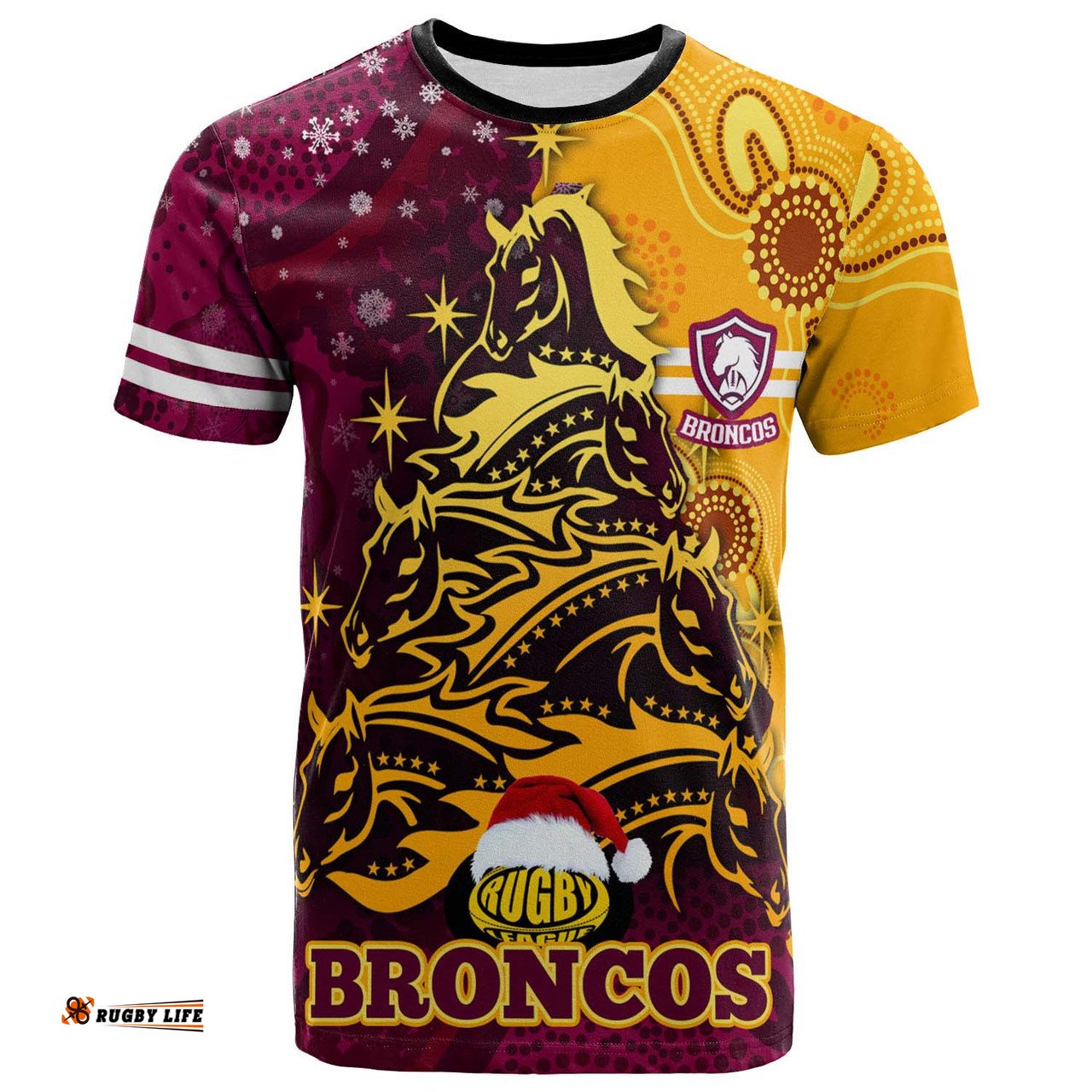 Amazing Aussie Brisbane Broncos Christmas T-shirt - Custom Brisbane Broncos Tree Teammates Aboriginal Inspired Xmas T-shirt