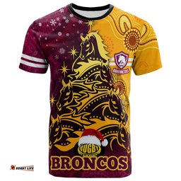 Amazing Aussie Brisbane Broncos Christmas T-shirt - Custom Brisbane Broncos Tree Teammates Aboriginal Inspired Xmas T-shirt